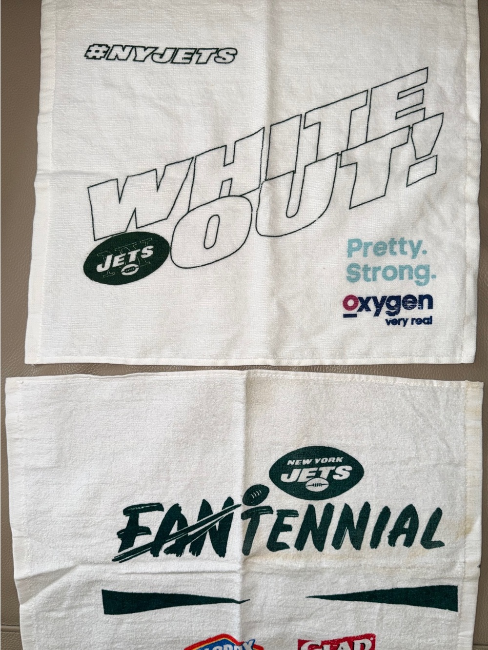 New 2 NFL NY Jets promo fan rally towels WhiteOut/Oxygen, Fantennial/Clorox/Glad